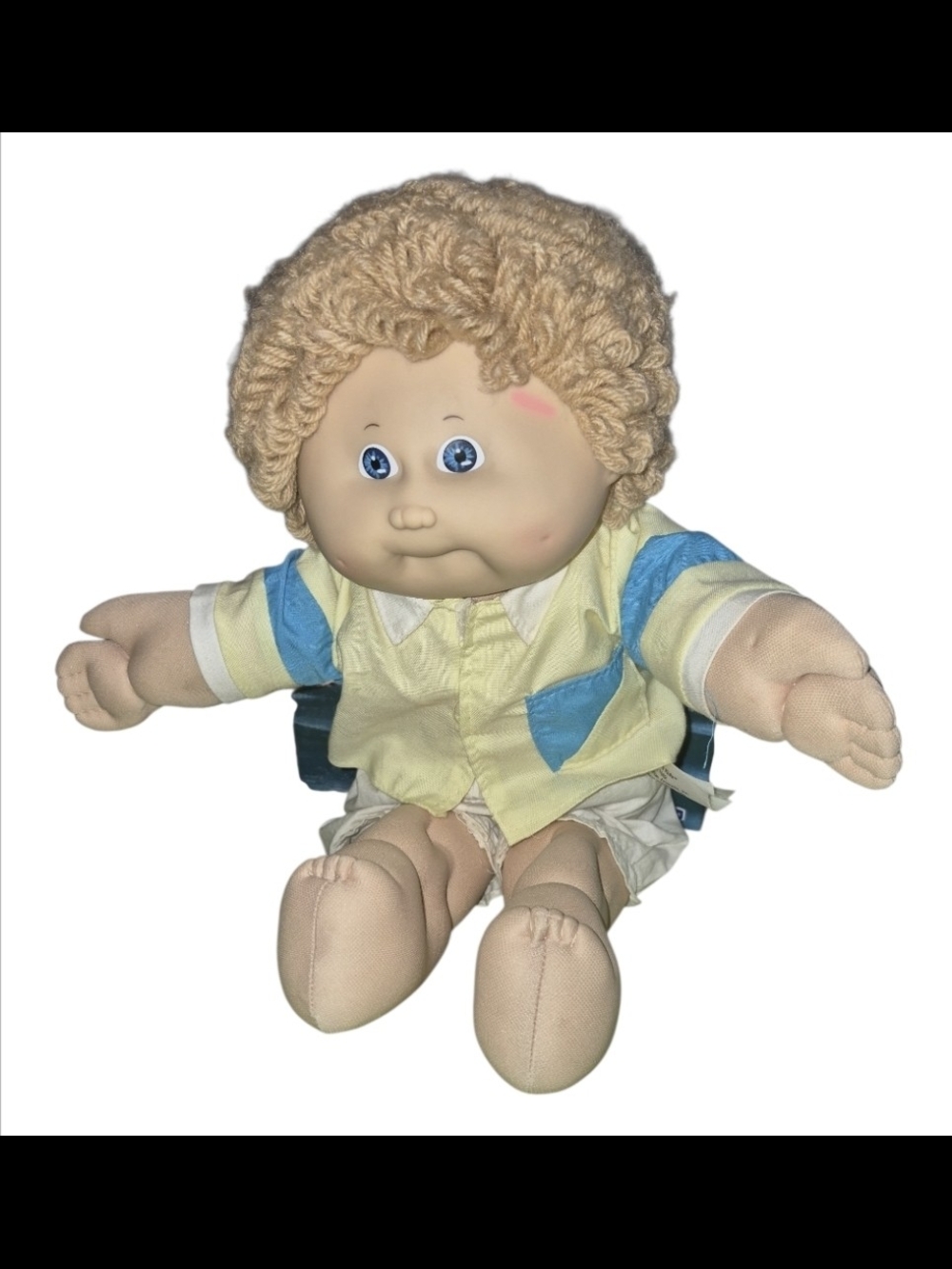 Plush Boy Doll with Blonde Curly Hair in Blue & Yellow Outfit
